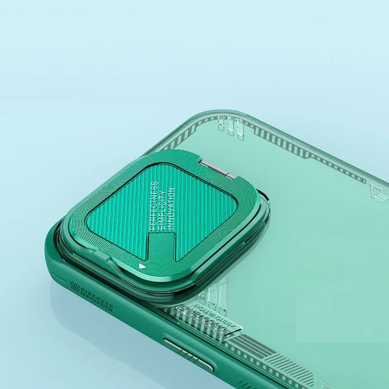Ice empty phone case for iPhone 16 Pro Max in green PU TPU with lens cap bracket