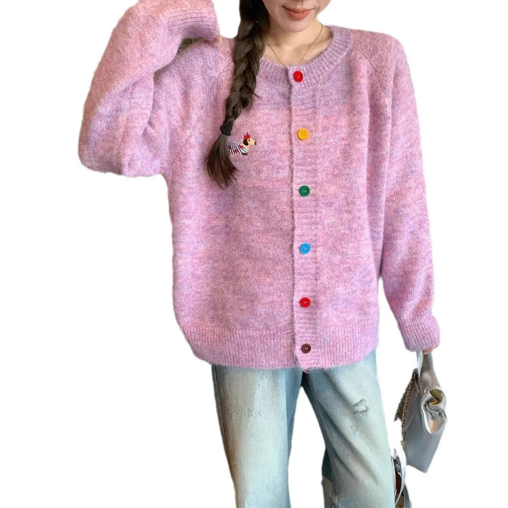 Women's round neck long sleeve cardigan with puppy pattern and buttons, acrylic knit, free size, 50cm length