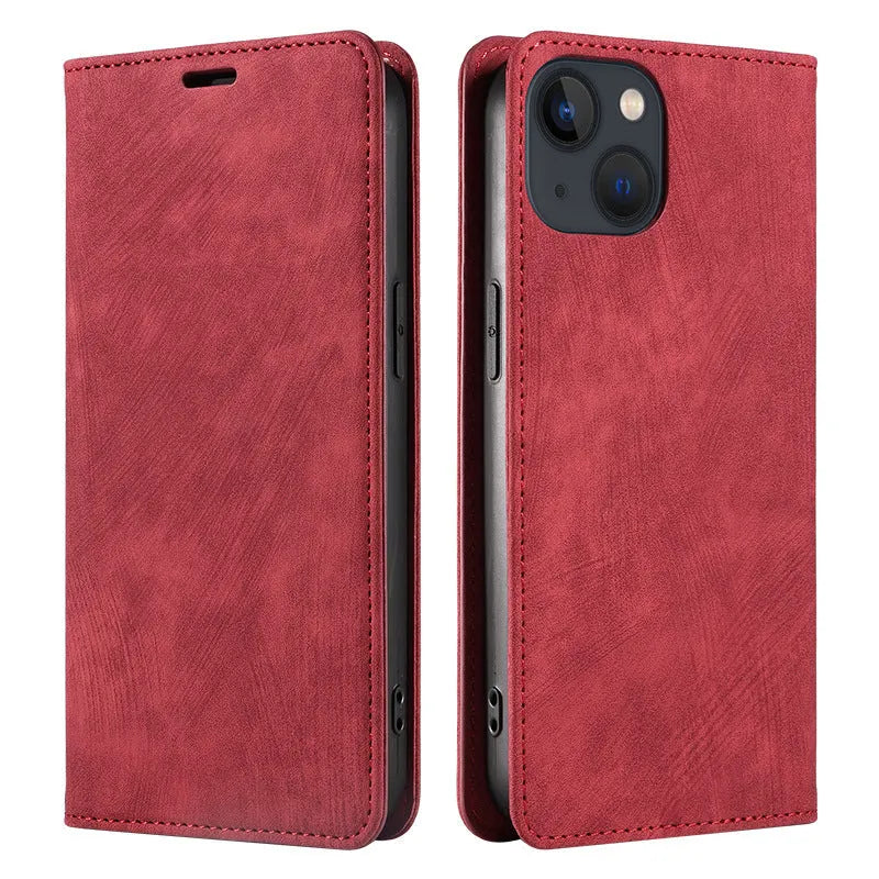 Black magnetic leather flip phone case for iPhone shown closed and open, displaying interior TPU shell and precise port cutouts.