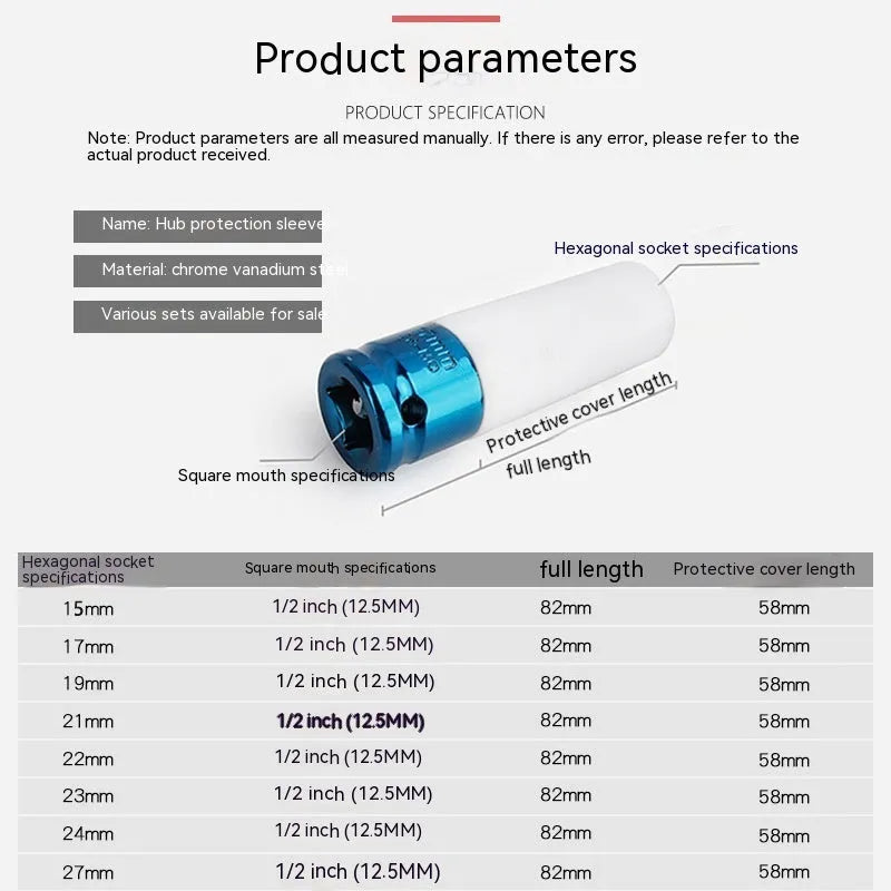 Single 45# steel hexagon socket for pneumatic wrench in 17mm, 19mm, 21mm, or 22mm size