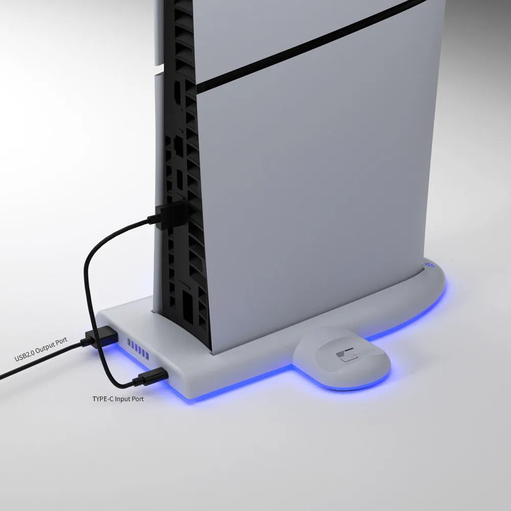 White PS5 Slim cooling pad with RGB ambient light ring and USB charging cable bracket.