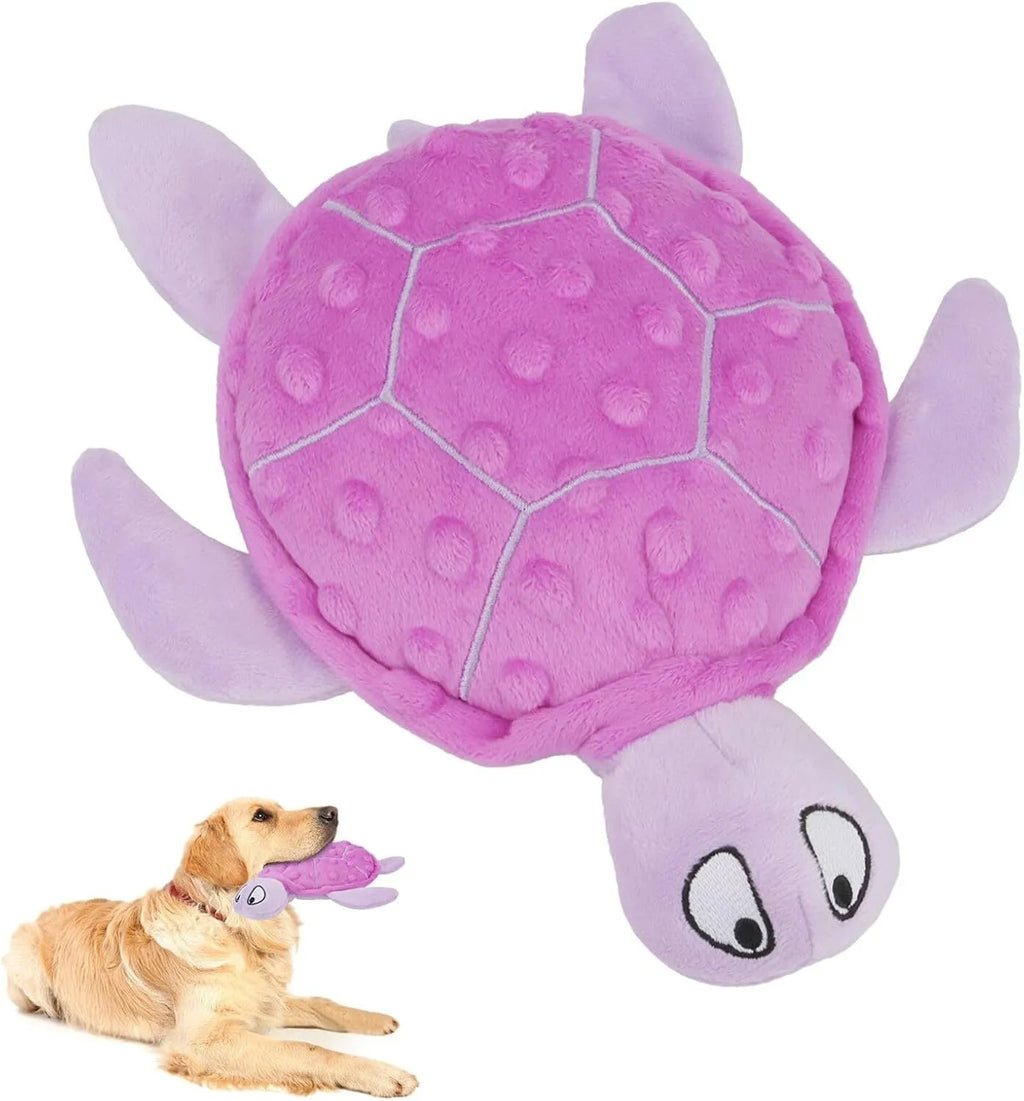 Blue sea turtle plush dog chew toy with squeaker, crinkle and rattling paper sounds.