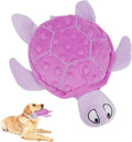 Blue sea turtle plush dog chew toy with squeaker, crinkle and rattling paper sounds.