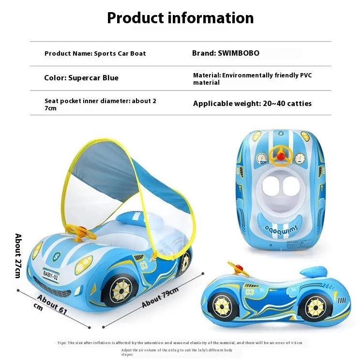 Pink inflatable swimming ring for kids with a mini steering wheel and cartoon sports car boats design.