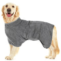 Grey nylon dog robe drying towel shown on a small dog, with orange edge trim visible.