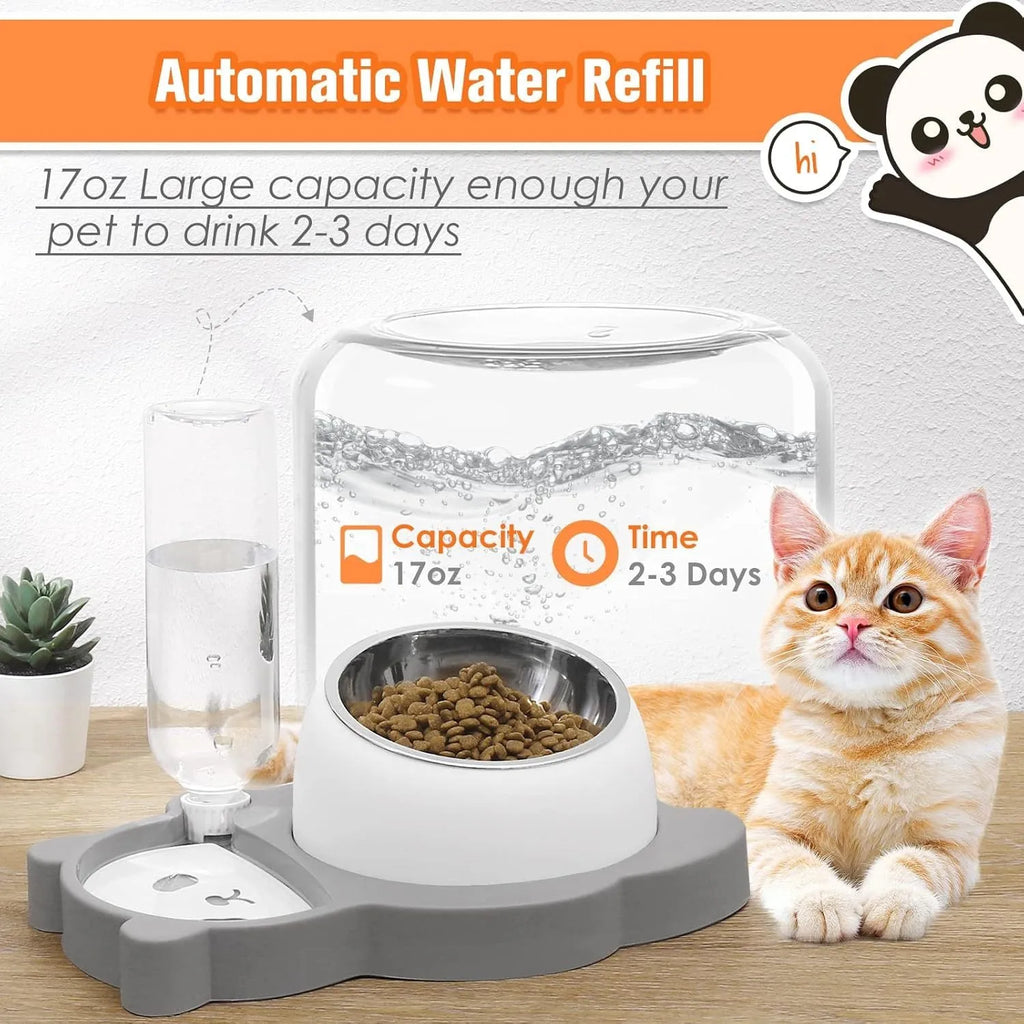 Grey elevated pet bowl set with automatic water bottle and panda design for cats and small dogs