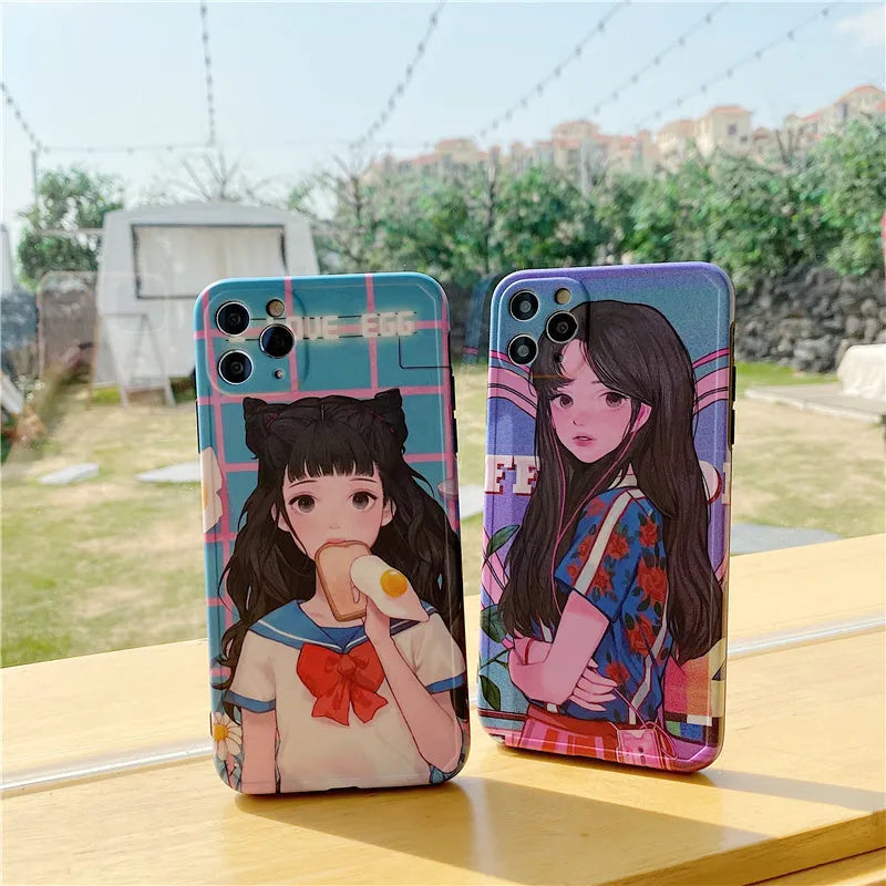 Soft rubber phone case with Japanese manga girl design featuring a girl eating bread, for iPhone