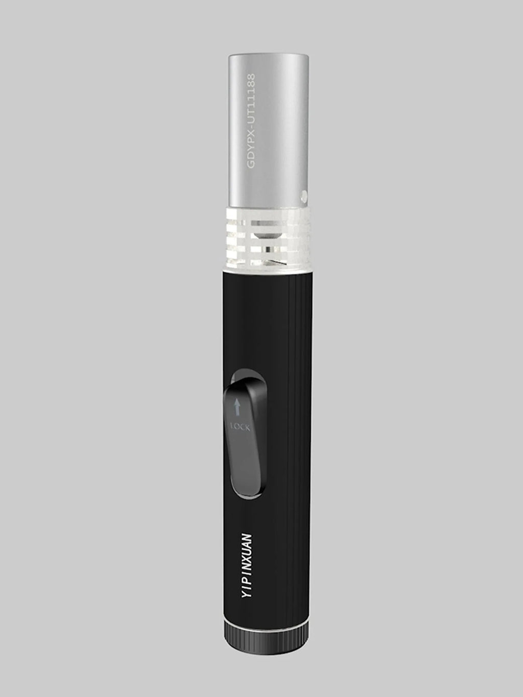 Black portable metal flamethrower outdoor lighter with child safety lock for camping stoves.