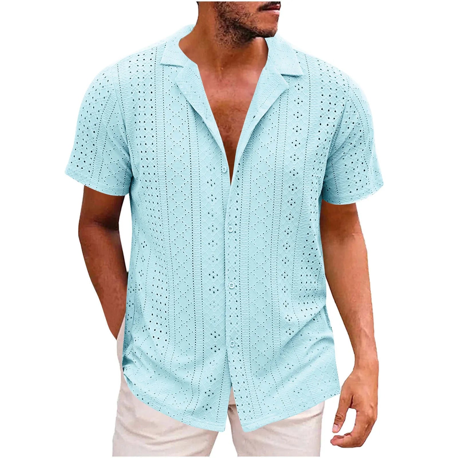 Breathable lightweight lapel men's casual shirt in cardigan style, regular fit, polyester fibre fabric, available in multiple colours