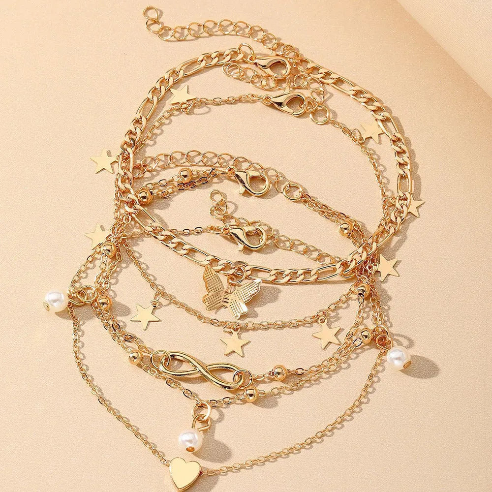 Butterfly pearl heart four-piece anklet set for women with multi-layer alloy chains