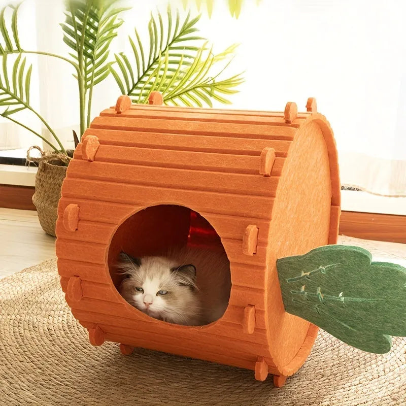 Carrot-shaped grey felt cat tunnel nest with a semi-enclosed opening, shown in two size options.