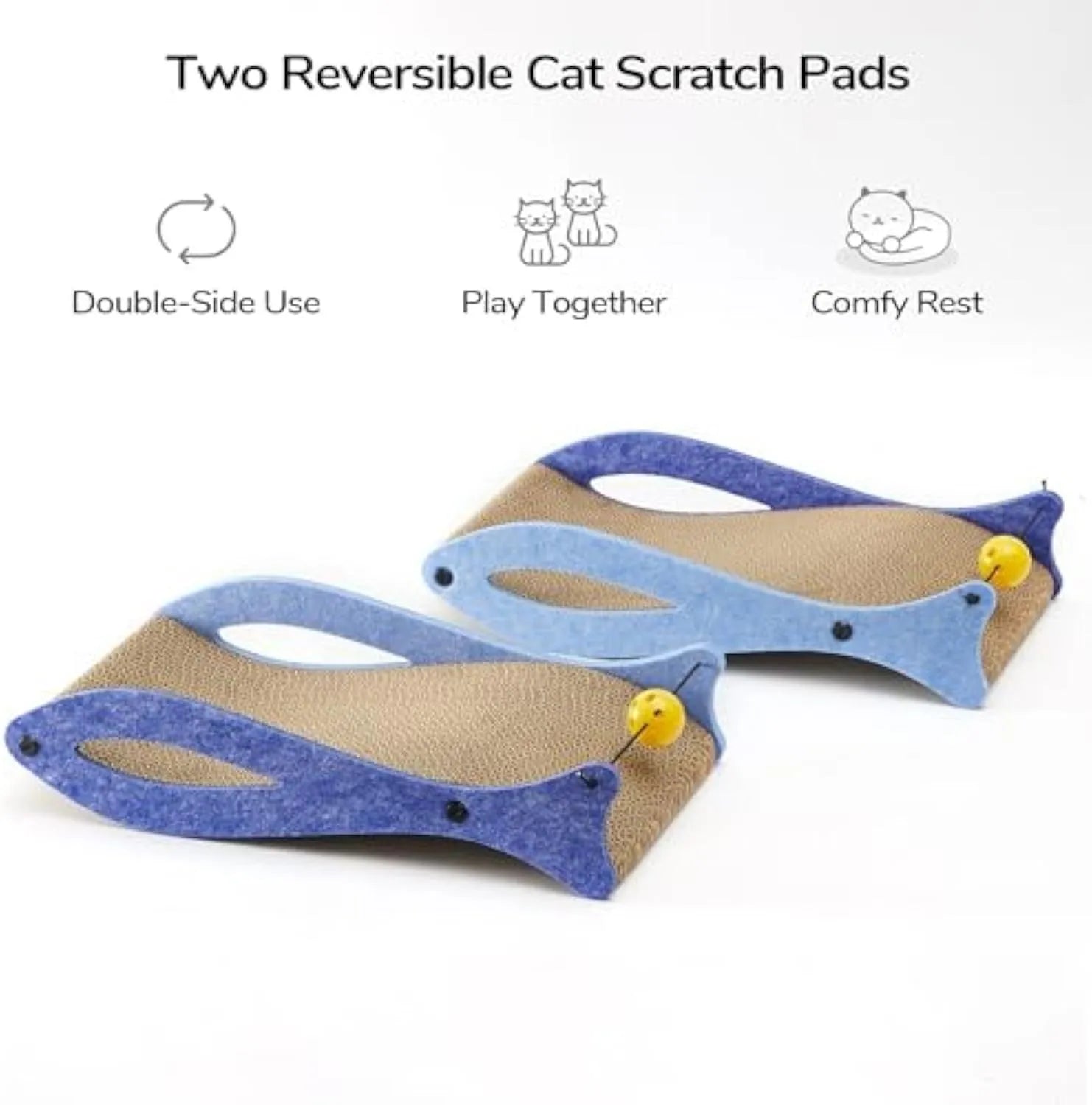 Blue fish-shaped cardboard cat scratcher lounge with a hanging red ball toy.