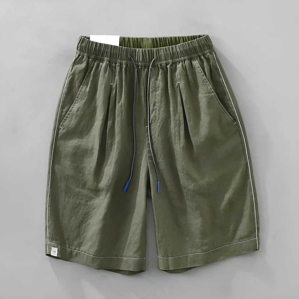 Men's loose straight linen shorts in green or black with drooping casual style