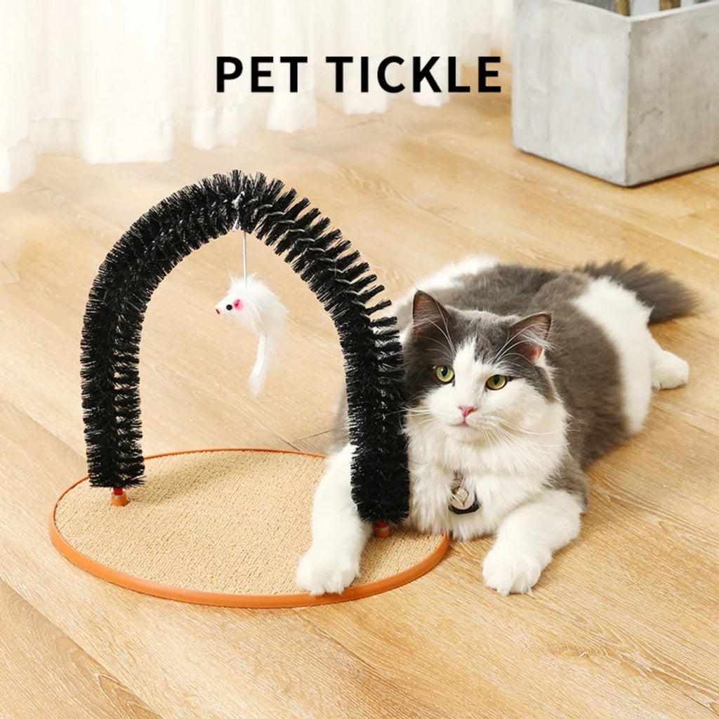 Black arch-shaped cat grooming brush with scratching surface and attached plush mouse toy on non-slip base