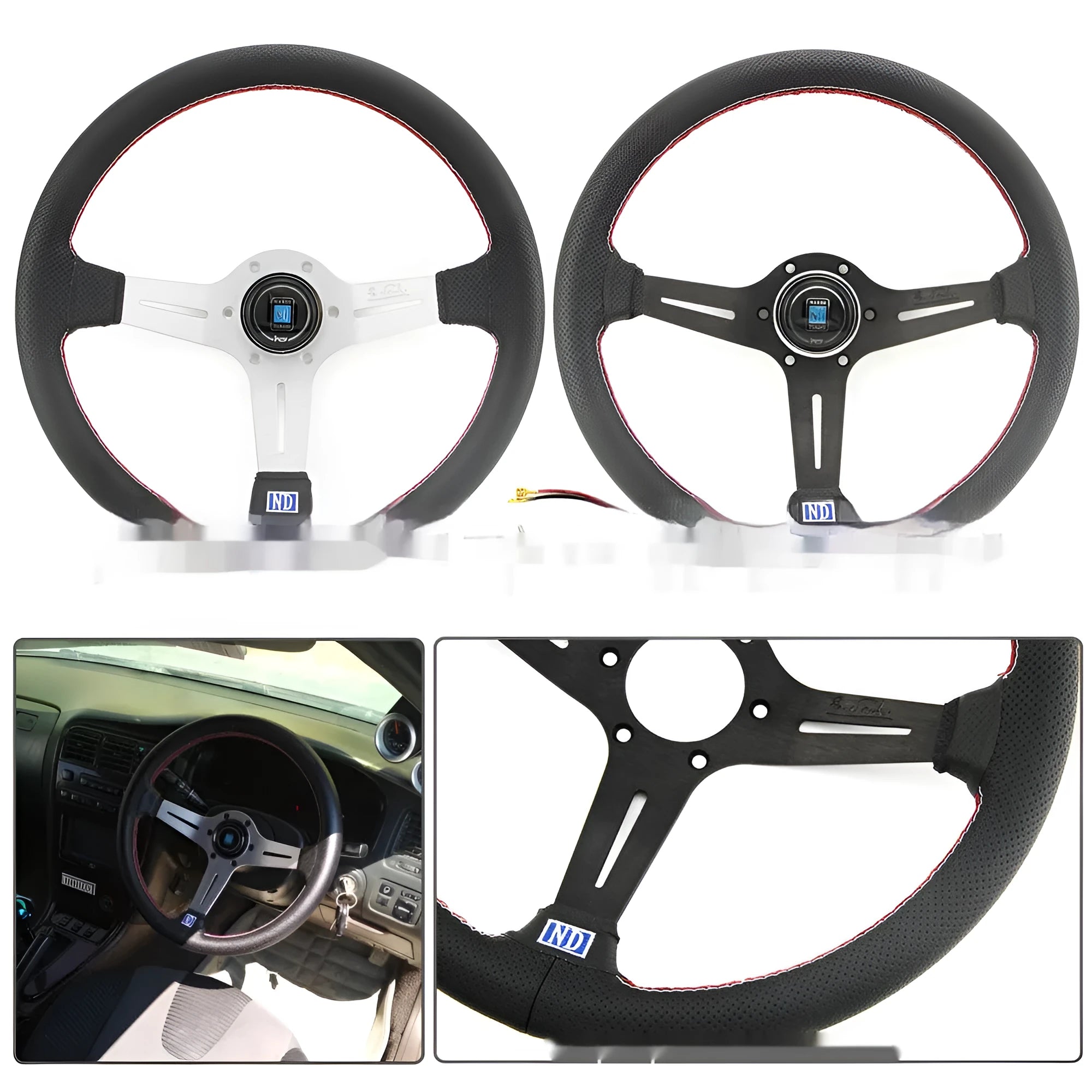Leather-wrapped 14-inch steering wheel with concave sides on a black metal skeleton frame