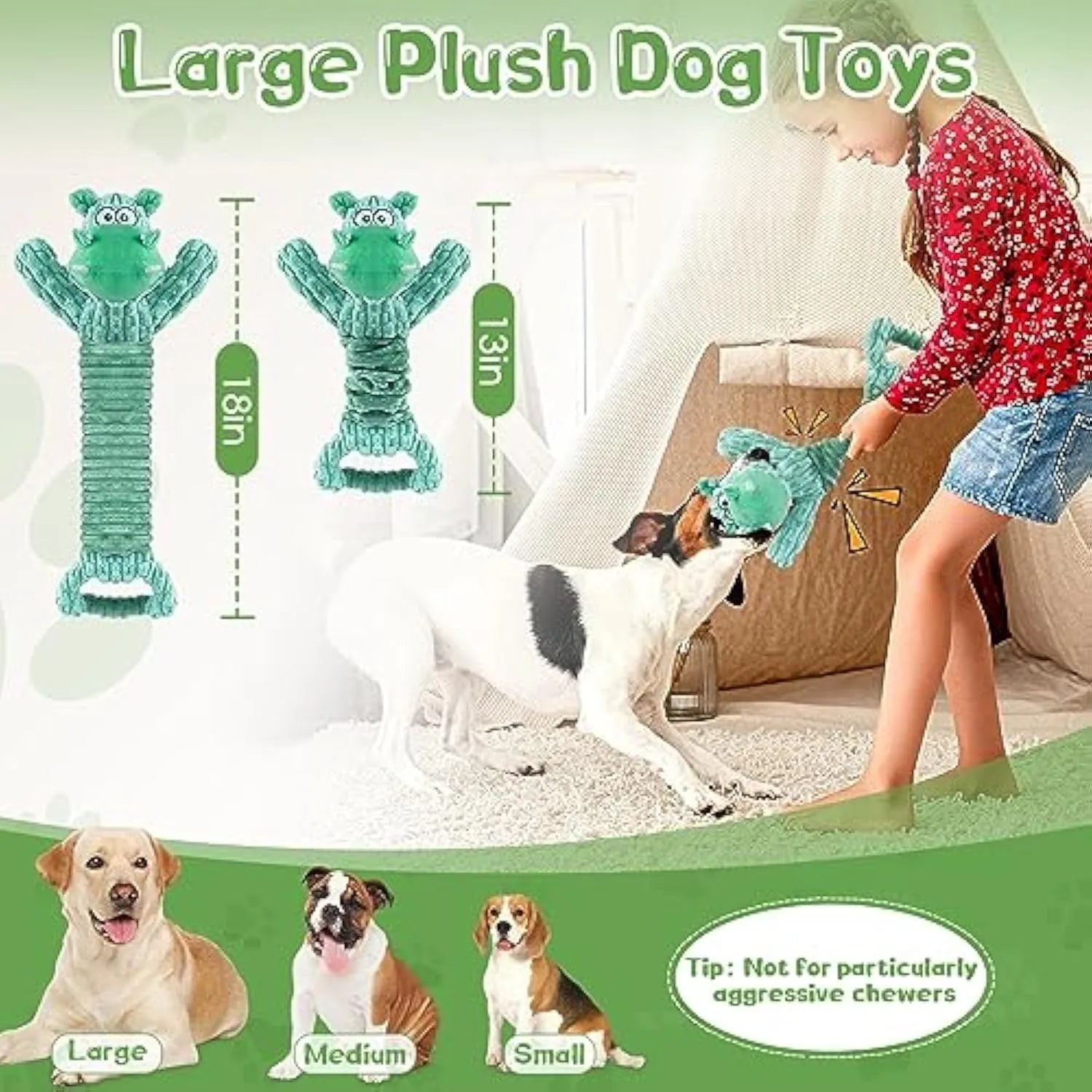 Large plush squeaky dog toy in hippo design with handle for tug-of-war.