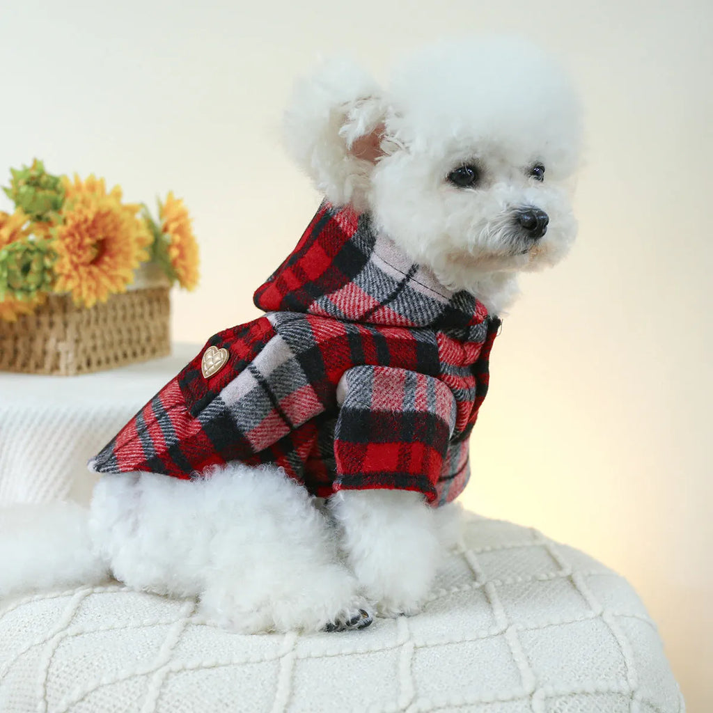 Red plaid polyester dog trench coat with measured sizing for autumn and winter warmth