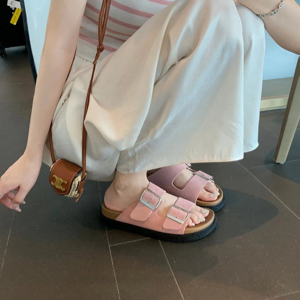 Women's casual half slippers with belt buckle, round toe, microfiber upper, rubber sole