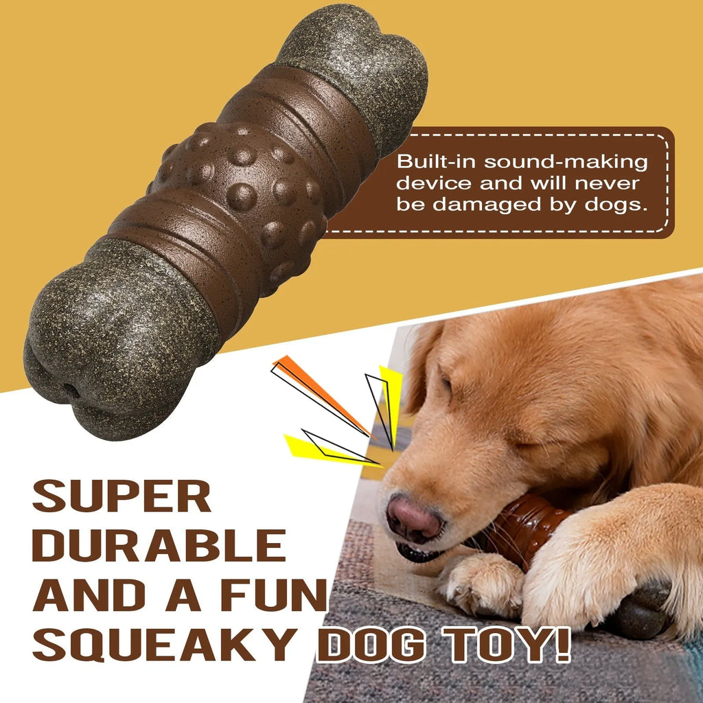 Wood coloured plastic dog chew toy shaped like a sounding bone for molar cleaning.
