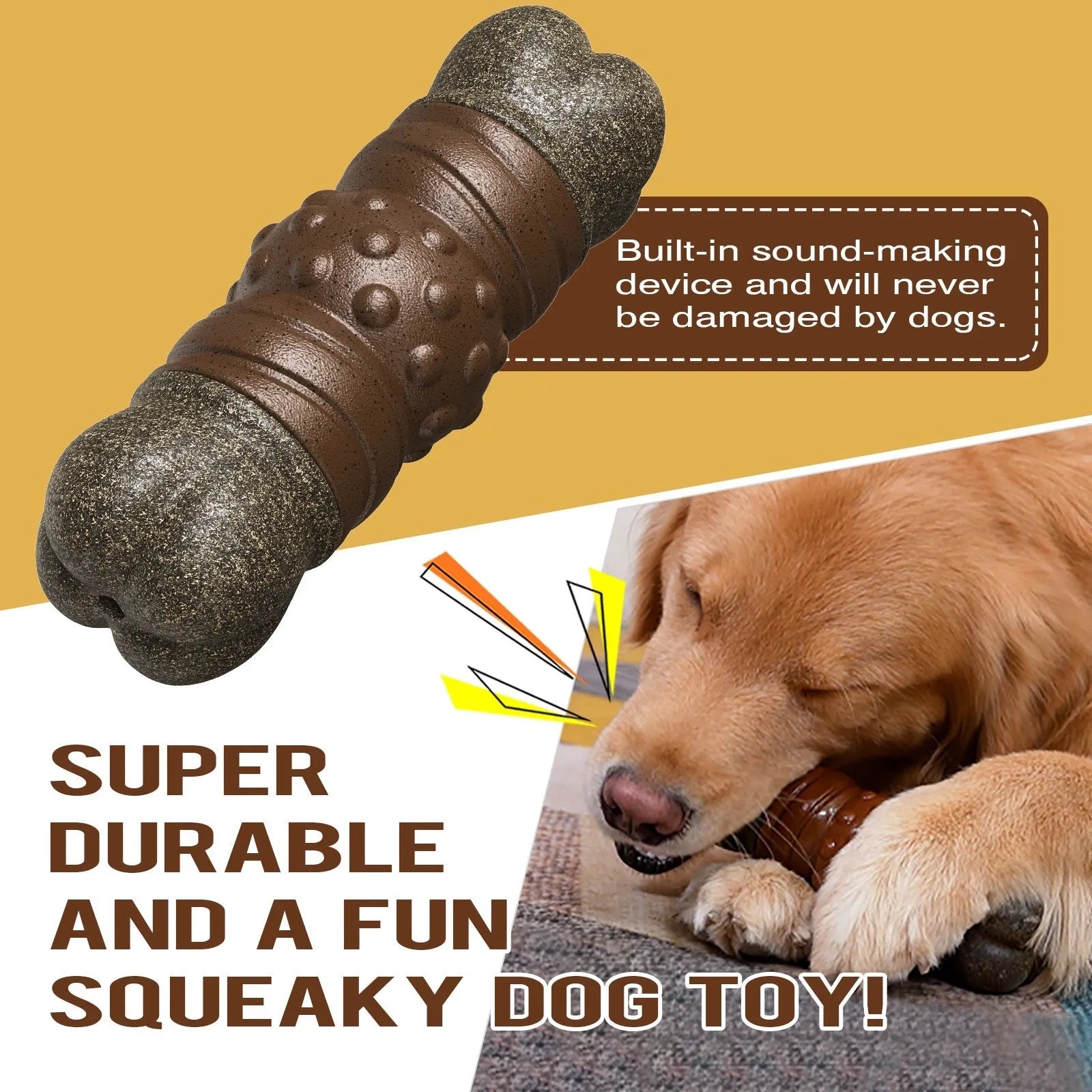 Wood colour plastic dog toy shaped as a sounding bone with textured molar rod toothbrush surfaces.
