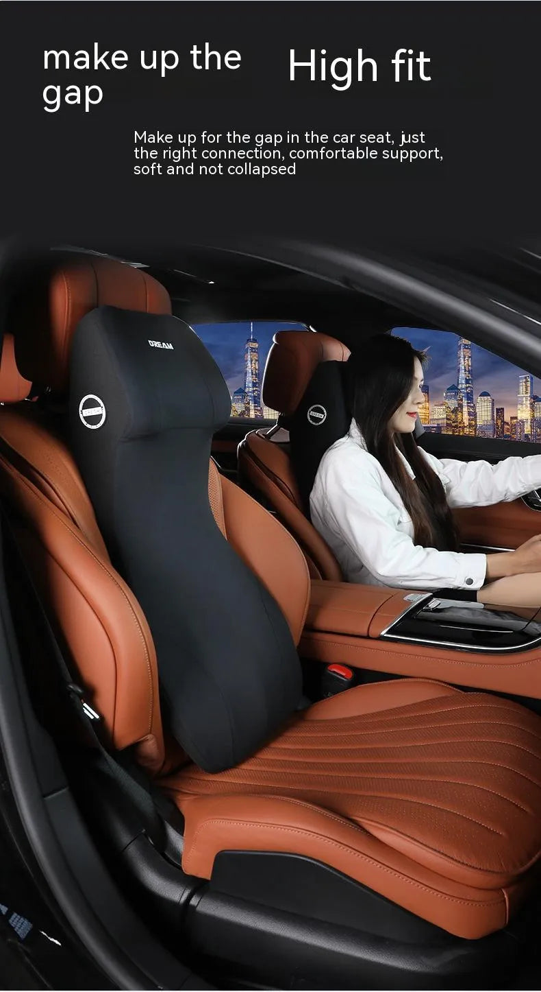 Black memory foam car cushion with integrated headrest and lumbar support pillow