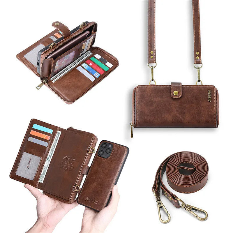 Detachable wallet-style phone case in black showing the strong adsorption leather flap closed over a phone.