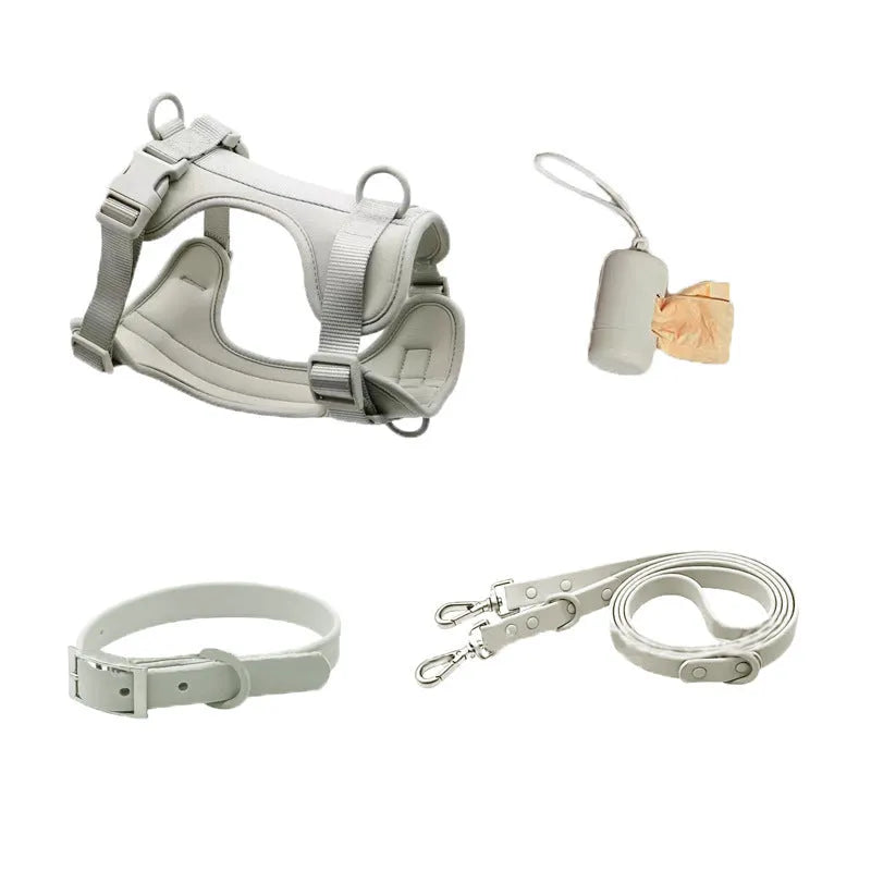 Dog tactical chest back collar set in PVC material with traction rope and harness, available in multiple colours