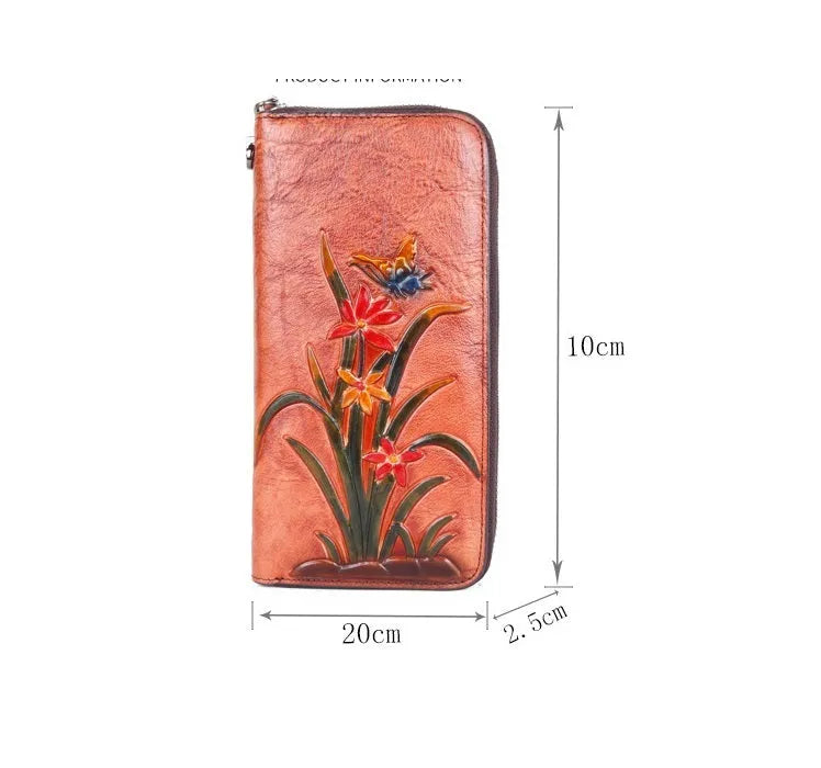 Retro genuine leather long clutch wallet with embossed flower pattern, multiple card slots, 20cm length, in retro coffee colour