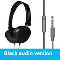 Black over-ear wired headphones with adjustable headband shown in folded and unfolded positions