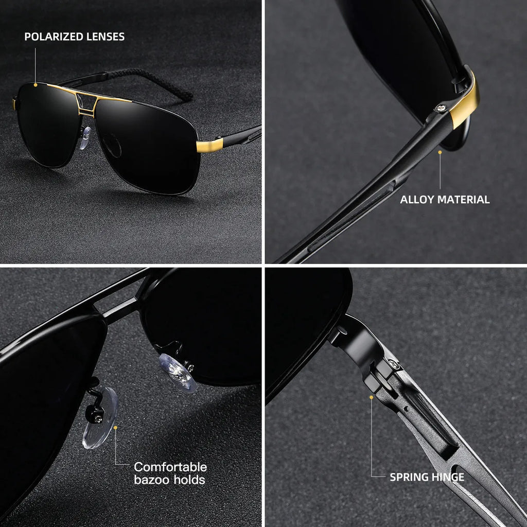 Men's orange red tinted polarised aviator sunglasses with a double-bridge metal frame on a solid background.