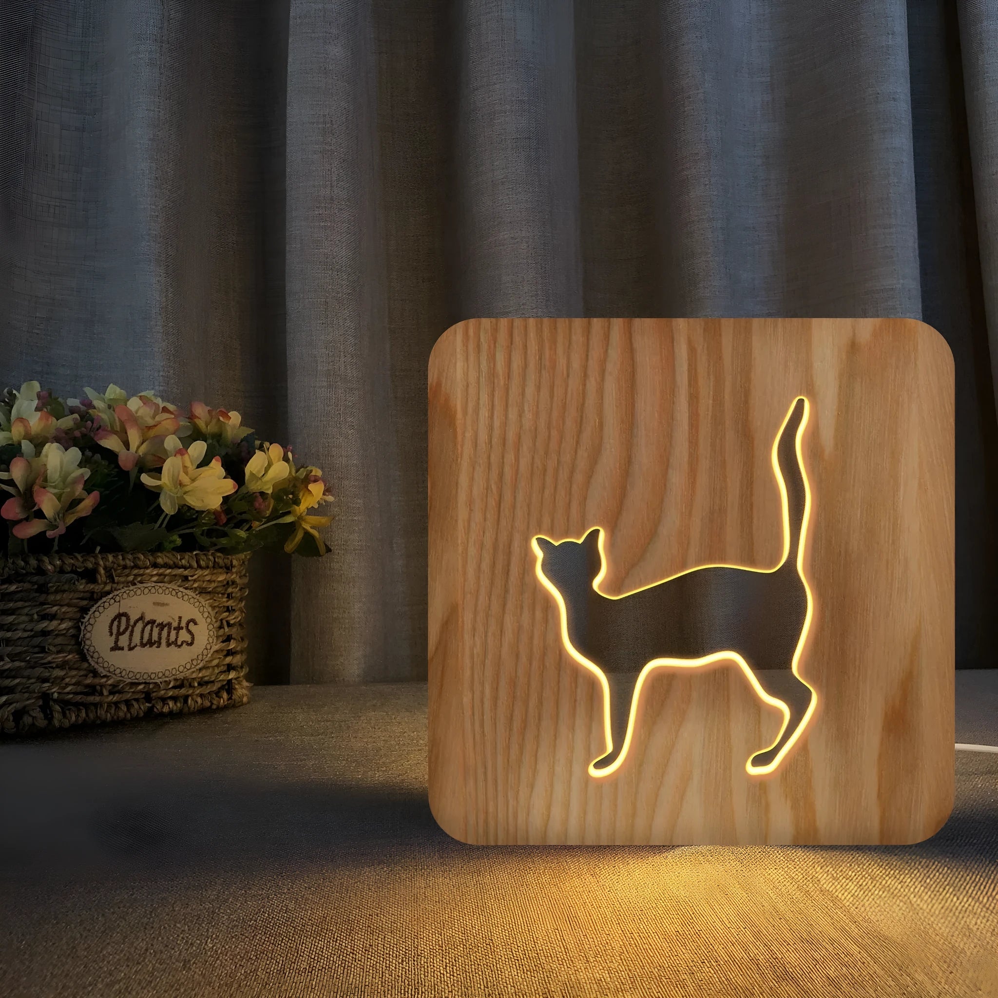 3D cat night light with solid wood hollow design measuring 190mm with USB power cord