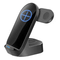 Black grey foldable 3-in-1 wireless charger stand with phone, smartwatch, and earbuds case charging.