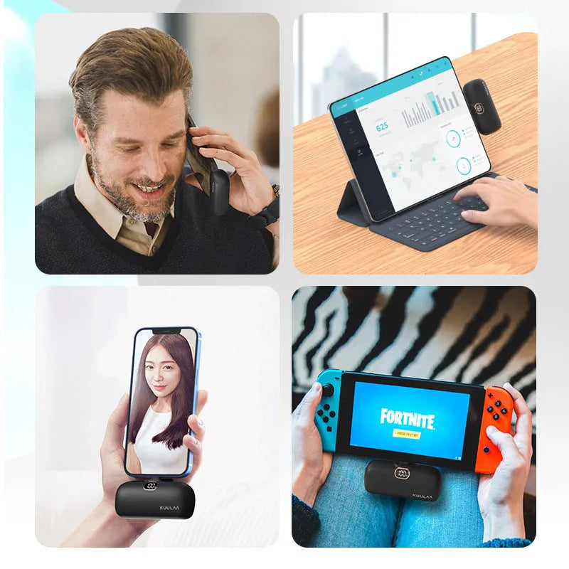 Compact cylindrical alloy power bank with built-in charging cable and LCD digital display.