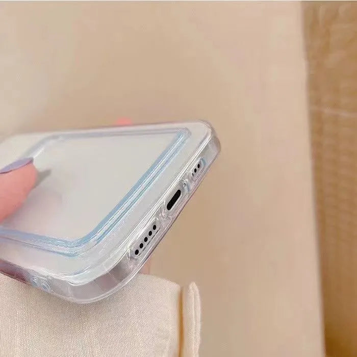 Transparent clear PVC iPhone case with card slots on back for Apple models.