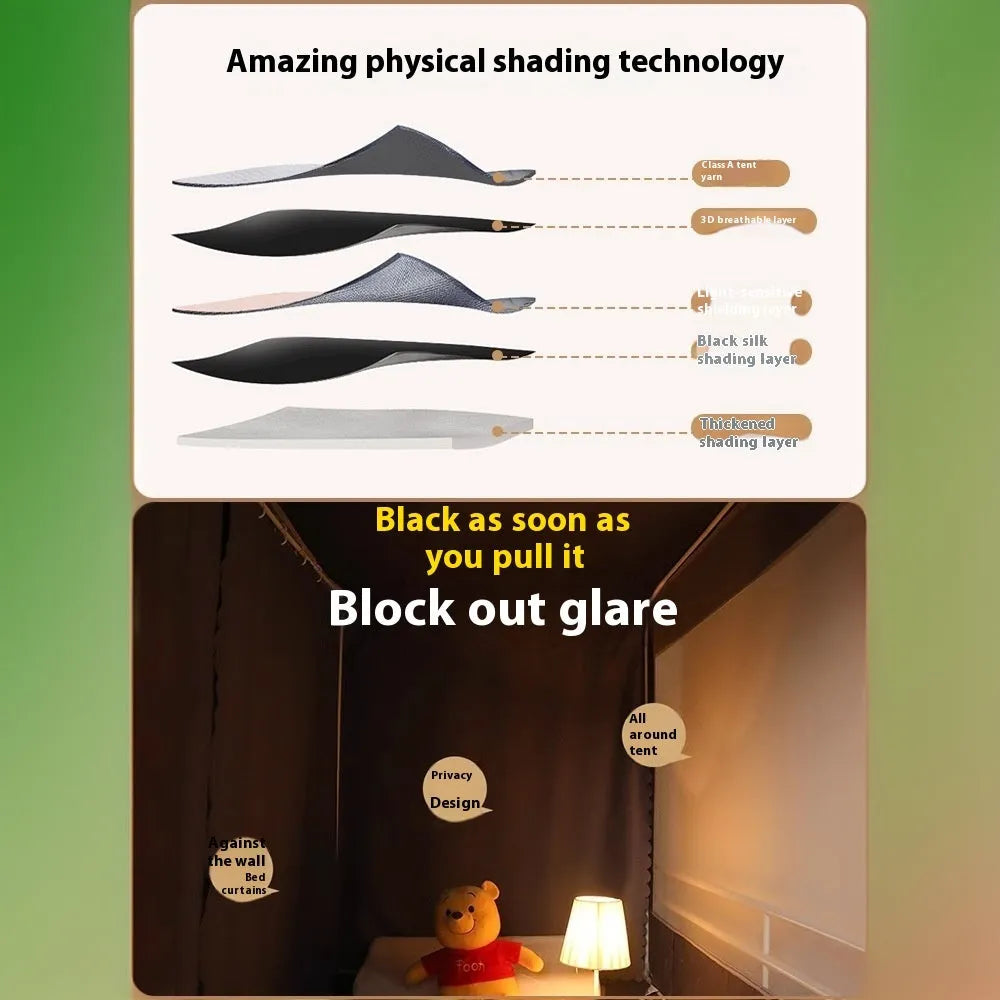 Grey integrated bed curtain with mosquito net for 0.9 metre wide bed with light blocking design