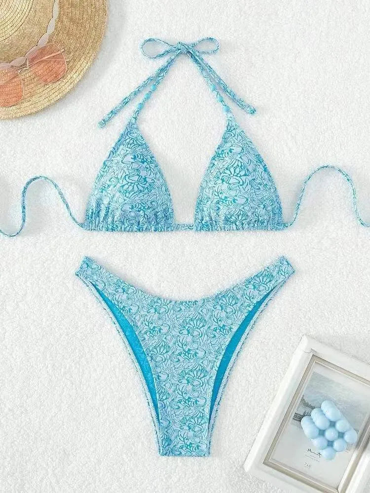 Women's floral halter bikini set in red, sky blue, sapphire blue or emerald green, polyester, sizes XS to L