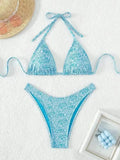 Women's floral halter bikini set in red, sky blue, sapphire blue or emerald green, polyester, sizes XS to L