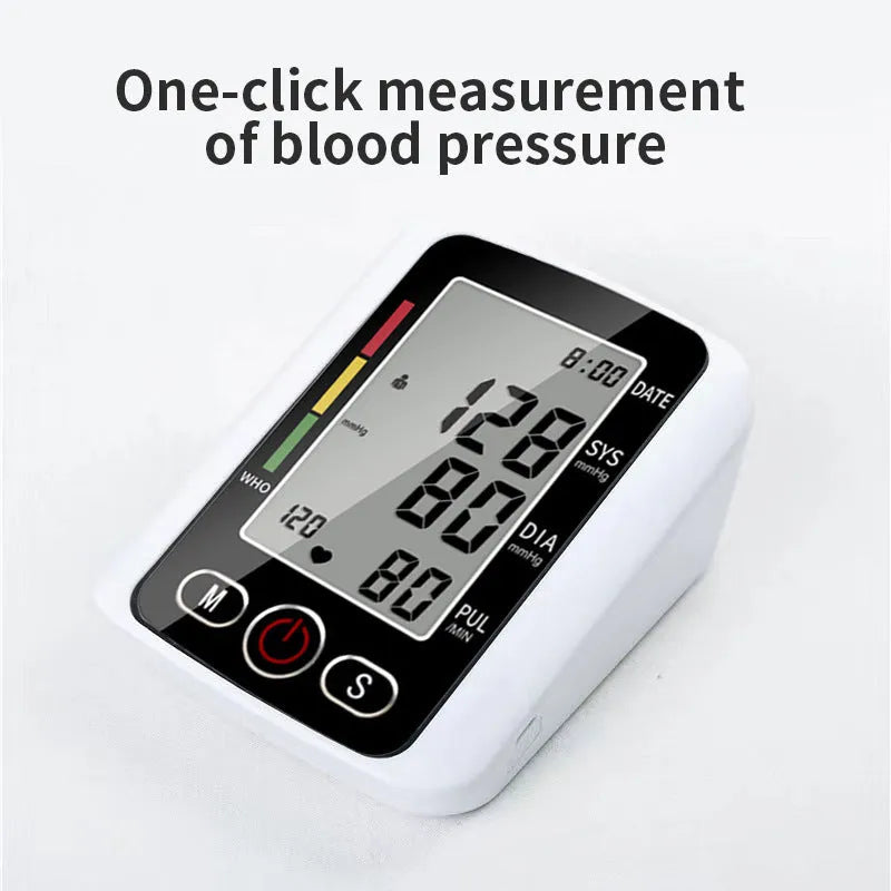 Automatic electronic arm sphygmomanometer with large screen display on a table