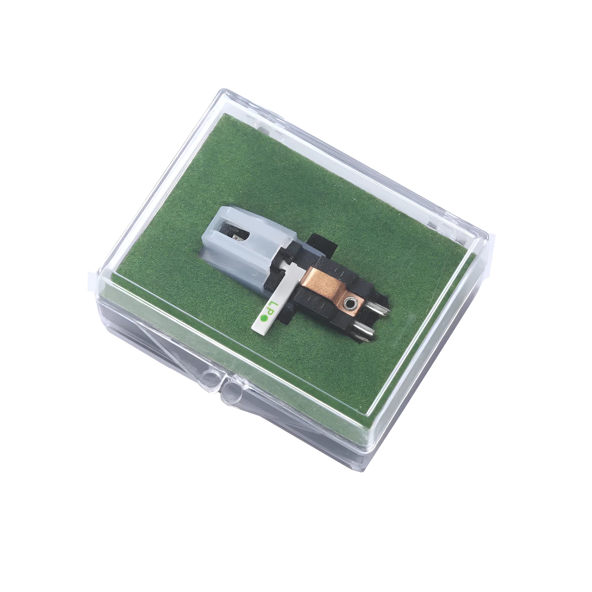 Double needle magnetic record player cartridge with ABS plastic shell.