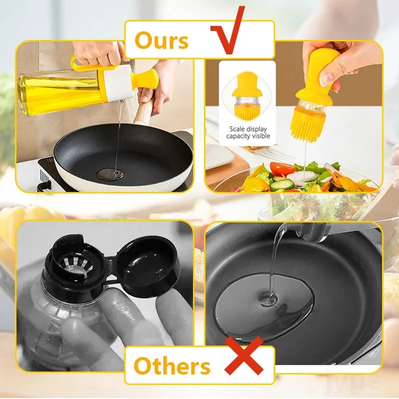 550ml clear glass oil dispenser bottle with stainless steel spray nozzle and a yellow silicone brush head attached.