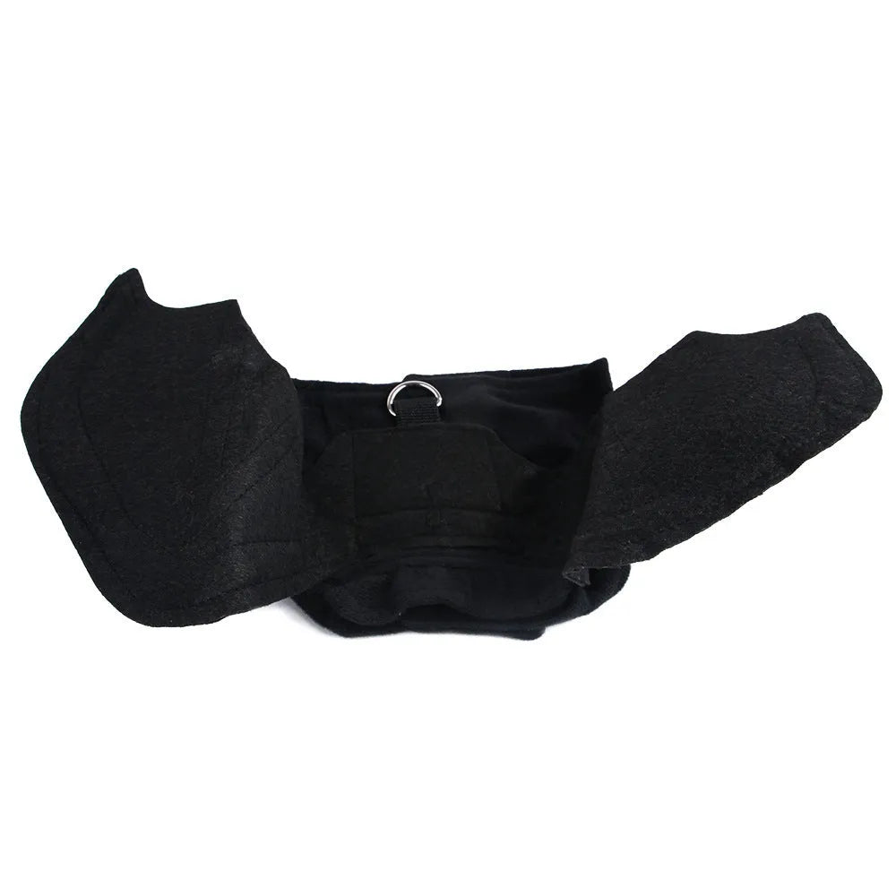 Black cloth bat wing pet costume on a dog or cat with 3D foldable wings and bat bell