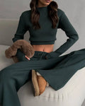 Women's cotton blend leisure suit set long-sleeve top and trousers solid colour apricot or green street fashion