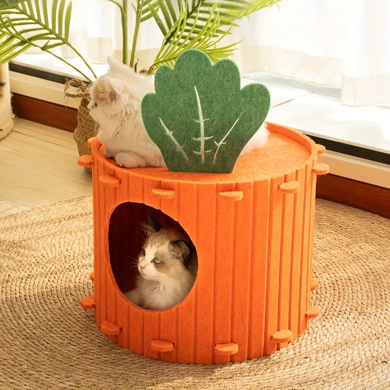 Carrot-shaped grey felt cat tunnel nest with a semi-enclosed opening, shown in two size options.