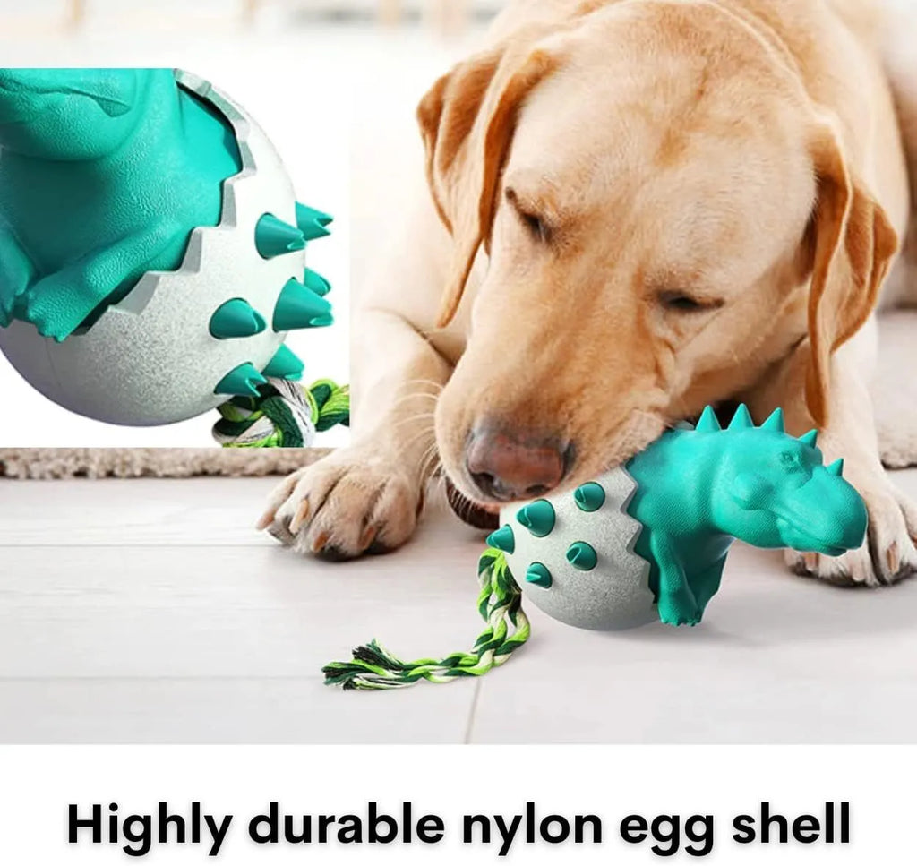 Blue dinosaur-shaped dog chew toy with rubber body and nylon rope tail.