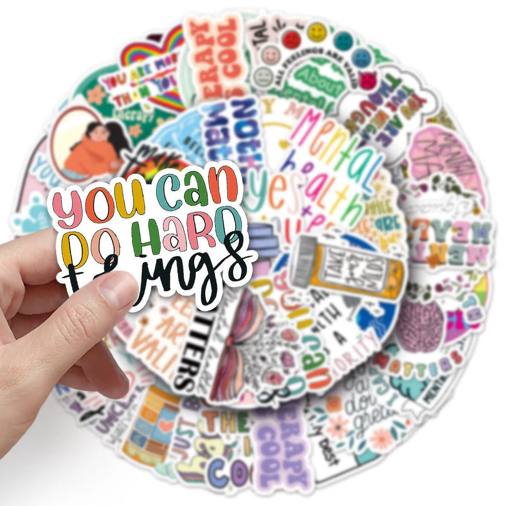 50 mental health graffiti stickers in English slogan designs, paper, 5.5-8.5cm, for phone cases and luggage