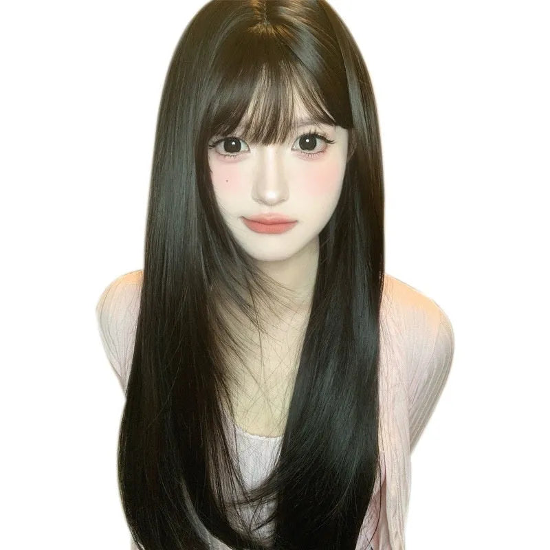 Dark brown synthetic long straight wig with fringe for women with round face shapes