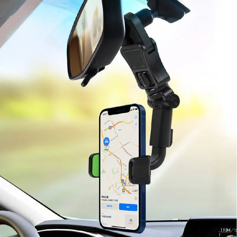 Black and green car mobile phone holder mounted on a rear-view mirror bracket.