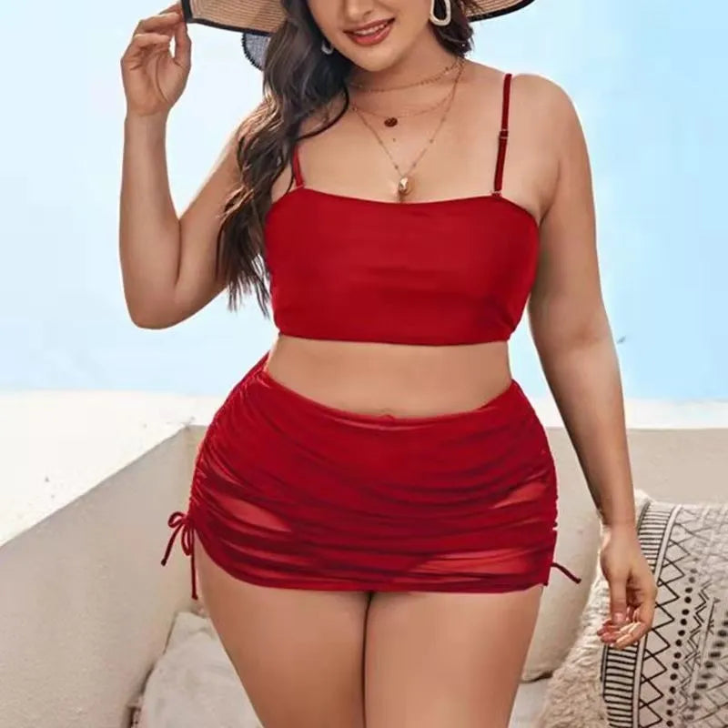 Women's solid colour mesh bikini three-piece set with apron in spandex material