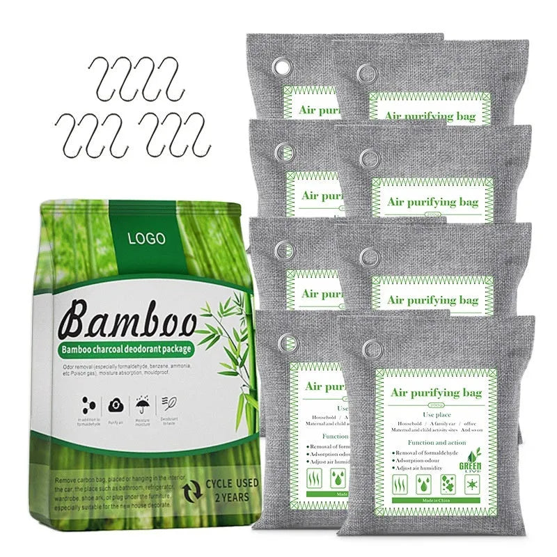 Sewn fabric bag filled with black bamboo activated charcoal for air purification.