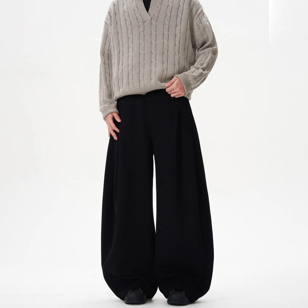 Women's polyester wide-leg trousers in black, loose fit straight leg design, mid rise waist
